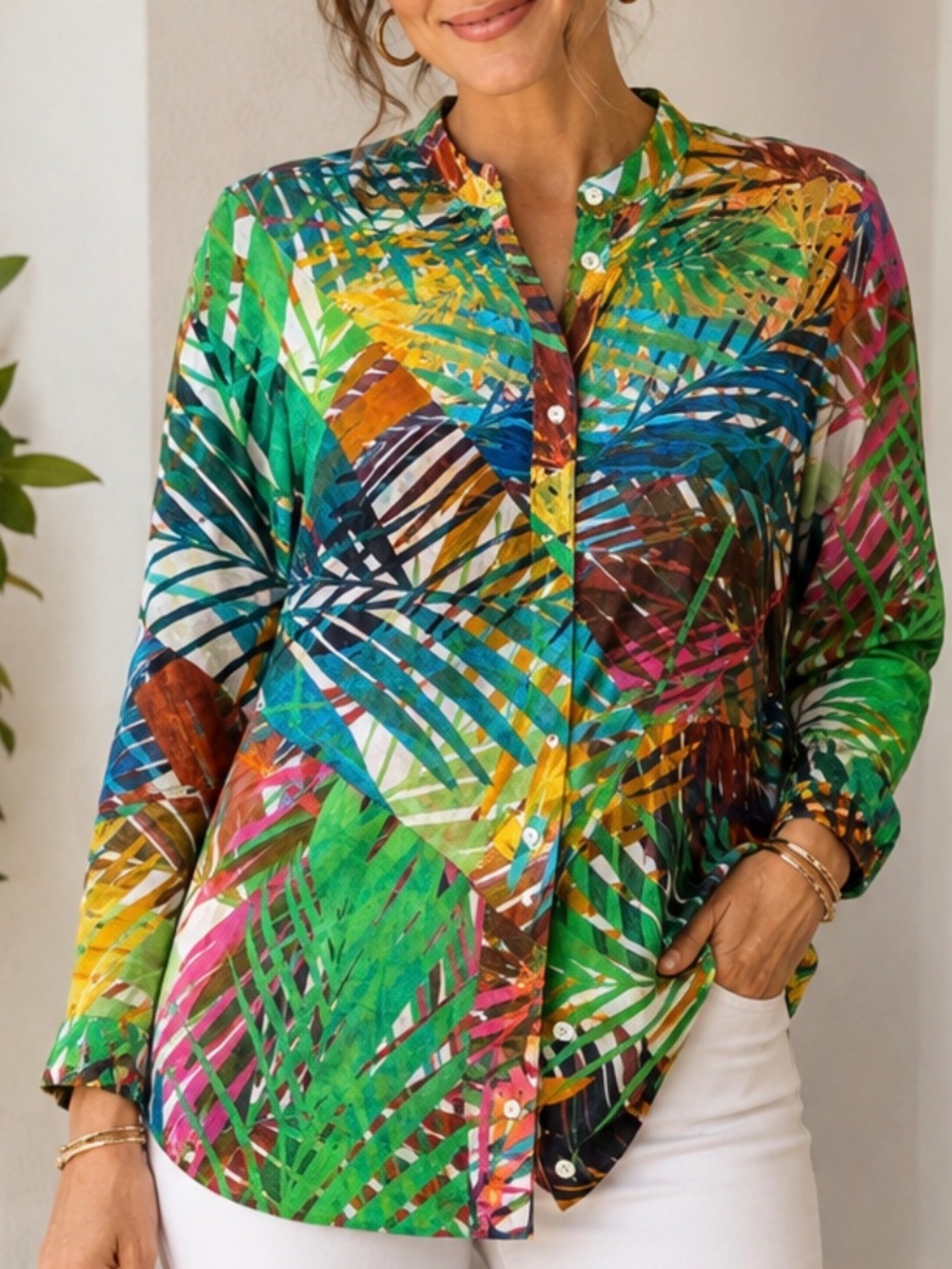 Selection by Ulla Popken Tropical Palm Print Cotton Blouse Tunic Top shirt 20/22